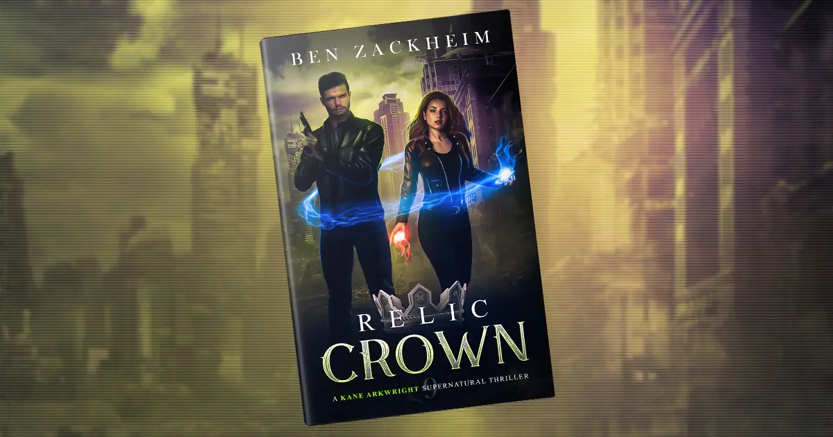Cover to Relic Crown an Urban Fantasy Supernatural Thriller for Kindle. The cover shows a male and female, Kane and Rebel. He wields a firearm as she releases a magic glow from her hands which surrounds him protectively.