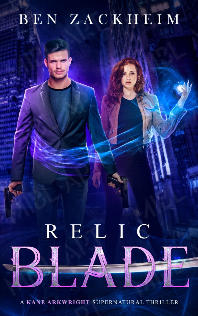 Relic: Blade book cover with Kane holding two handguns and Rebel casting a spell that wraps around him like an embrace.